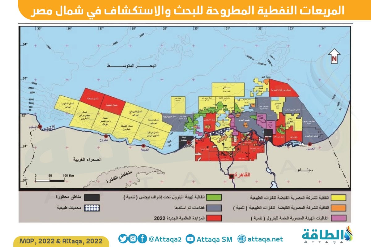 المربعات النفطية المطروحة للبحث والاستكشاف في شمال مصر