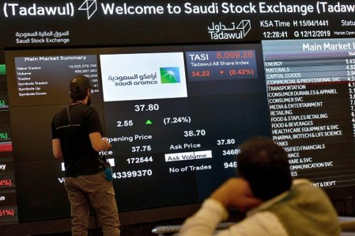 سعر سهم أرامكو على الشاشة الرئيسية لسوق تداول السعودية - الصورة من بلومبرغ