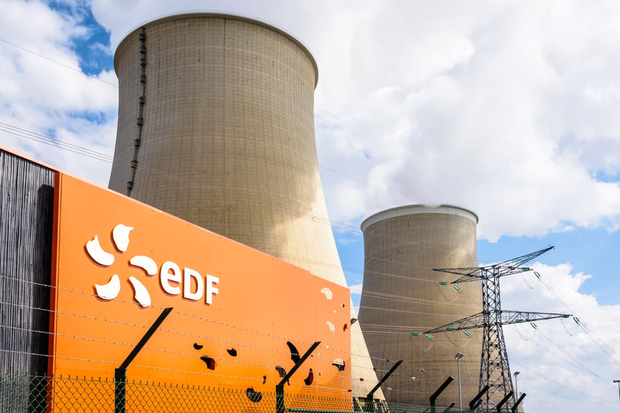 شعار شركة الكهرباء الفرنسية "إي دي إف" أمام محطة طاقة نووية
