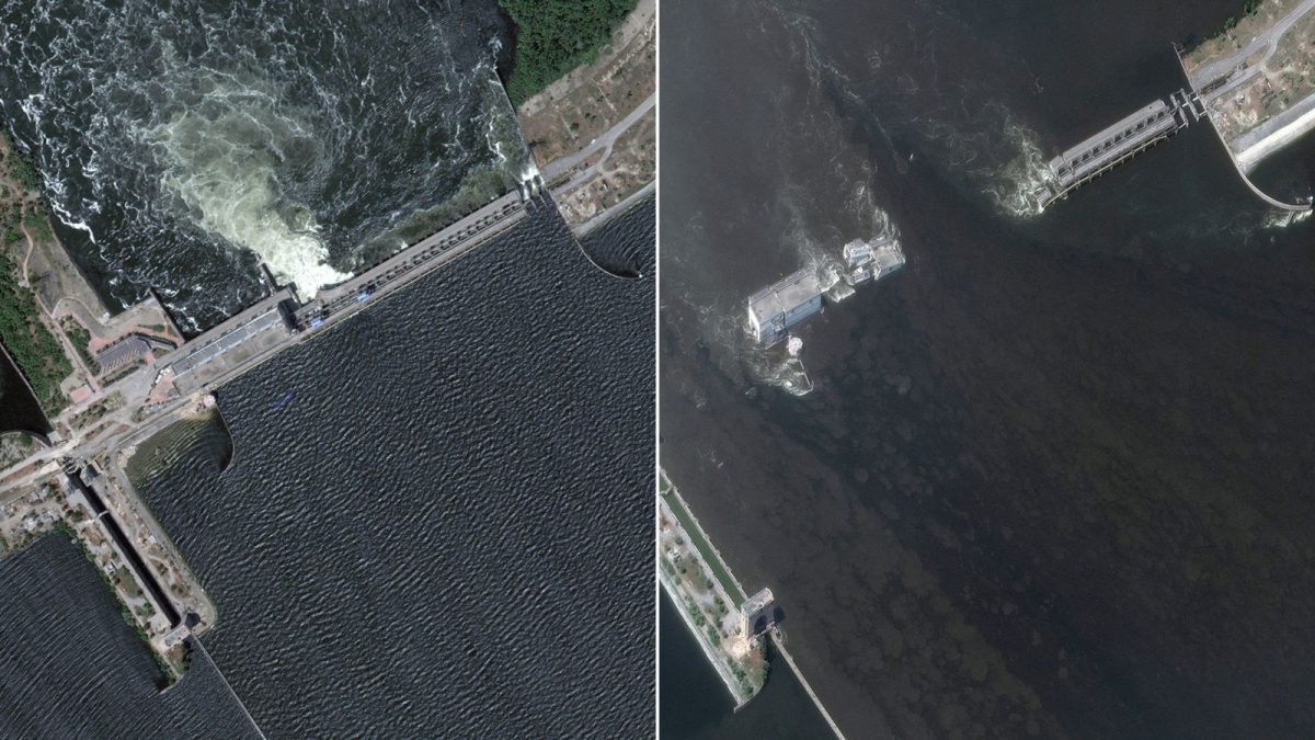 صورة بالأقمار الصناعية لسد نوفا كاخوفكا قبل وبعد الهجمة الروسية