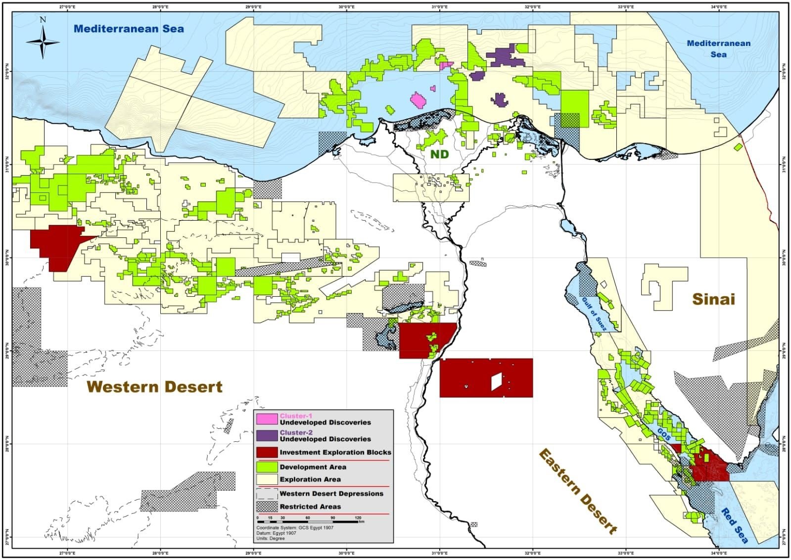 خريطة تكشف عن مواقع الفرص الاستثمارية المطروحة بقطاع النفط والغاز في مصر 