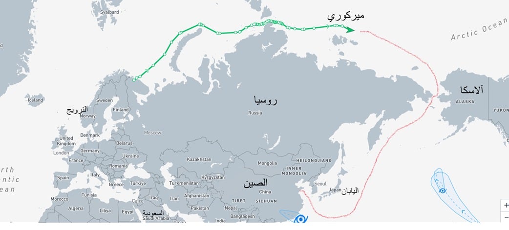 خريطة توضح مسار الشحن عبر بحر الشمال إلى آسيا و الصين