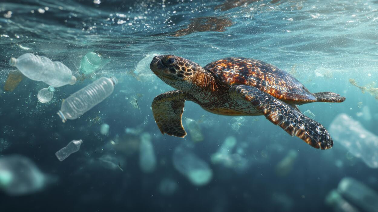 سلحفاة بحرية تسبح في مياه المحيط الملوثة المليئة بالزجاجات البلاستيكية