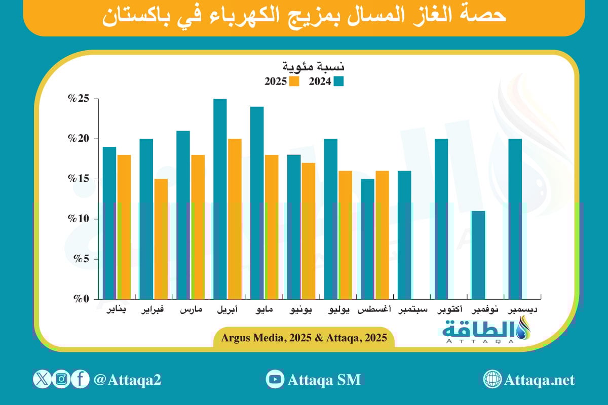 حصة الغاز المسال بمزيج الكهرباء في باكستان خلال عامي 2024 و2025