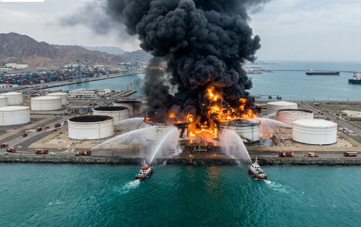 حريق في محطة نفطية في ميناء الفجيرة نتيجة هجوم مسيرة إيرانية 