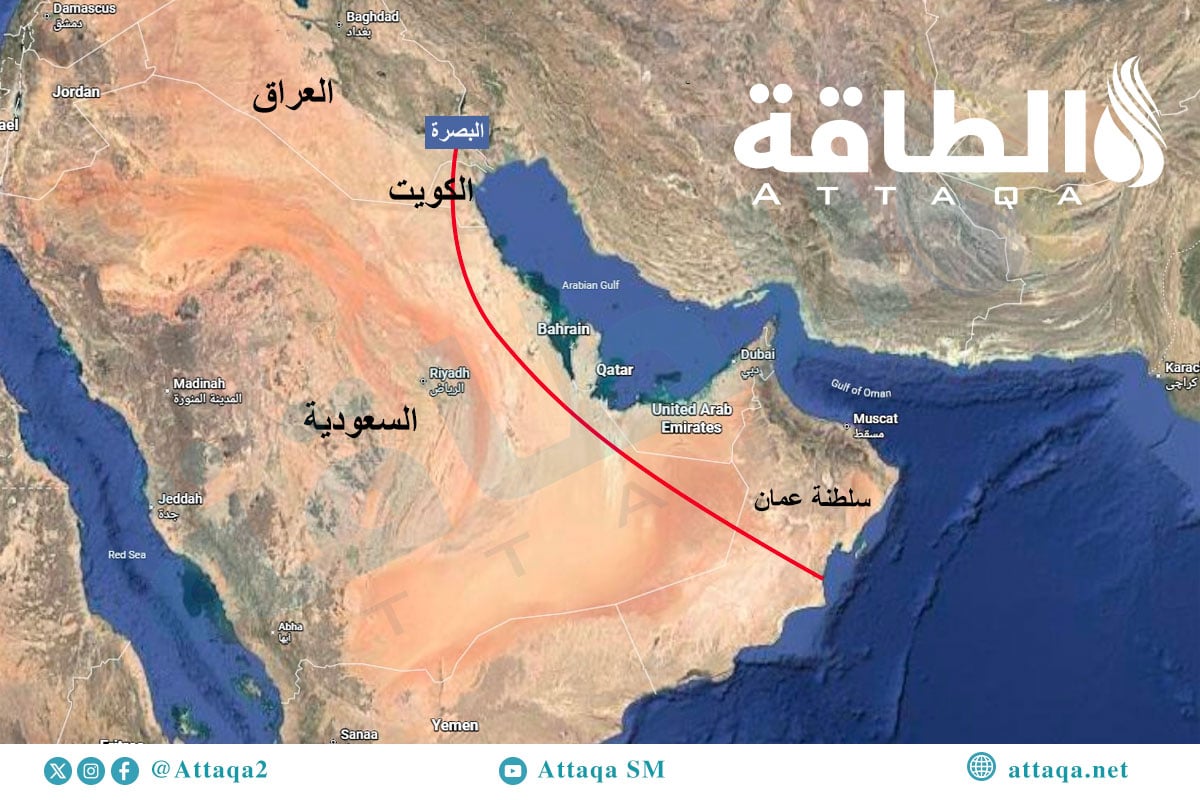 مسار مقترح لخط أنابيب يمتد من العراق مرورًا بالكويت والسعودية إلى سلطنة عمان